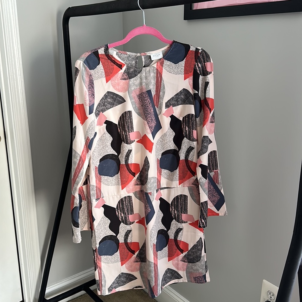 Vila Pink/Peach Geometric Pattern Frill Sleeve Work Midi Shift Dress Size Small